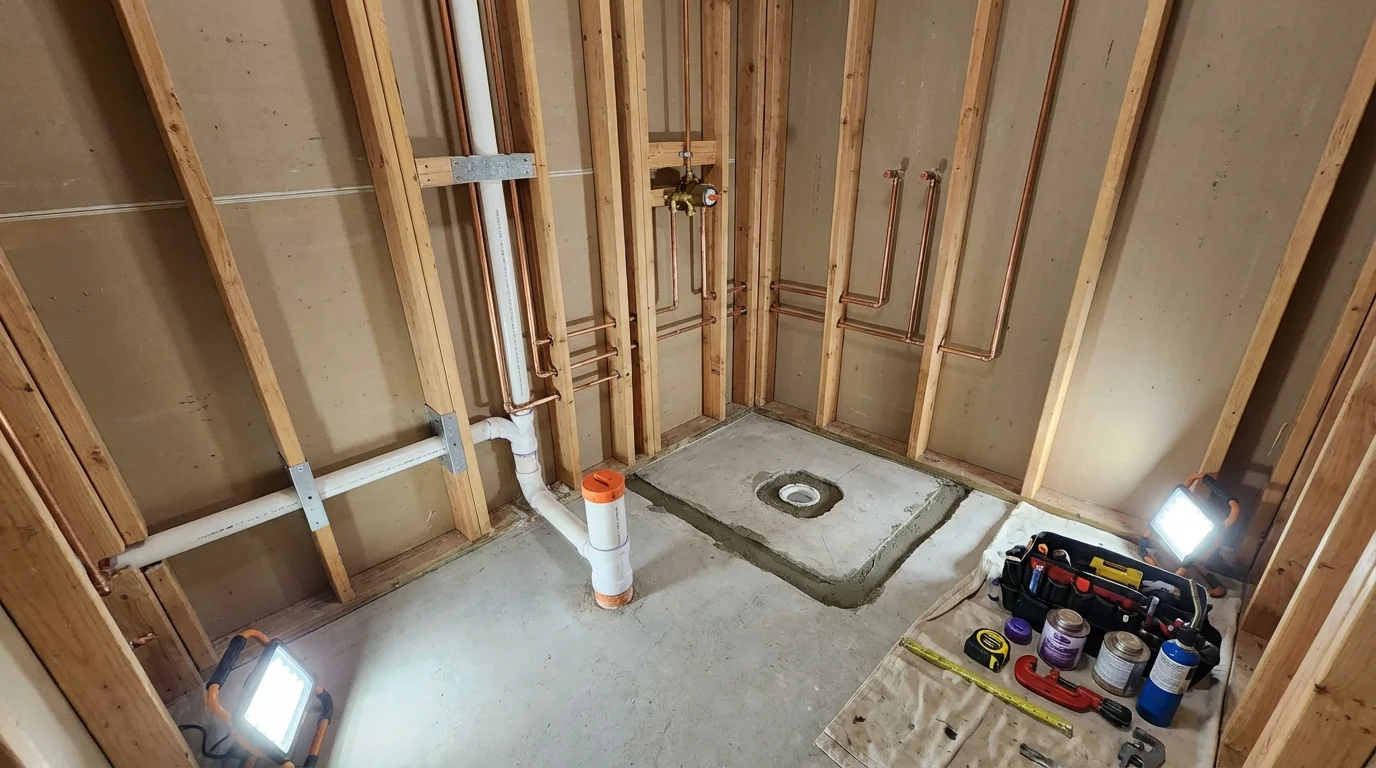Bathroom rough-in plumbing during remodel by Johns Plumbing LLC in Hopatcong