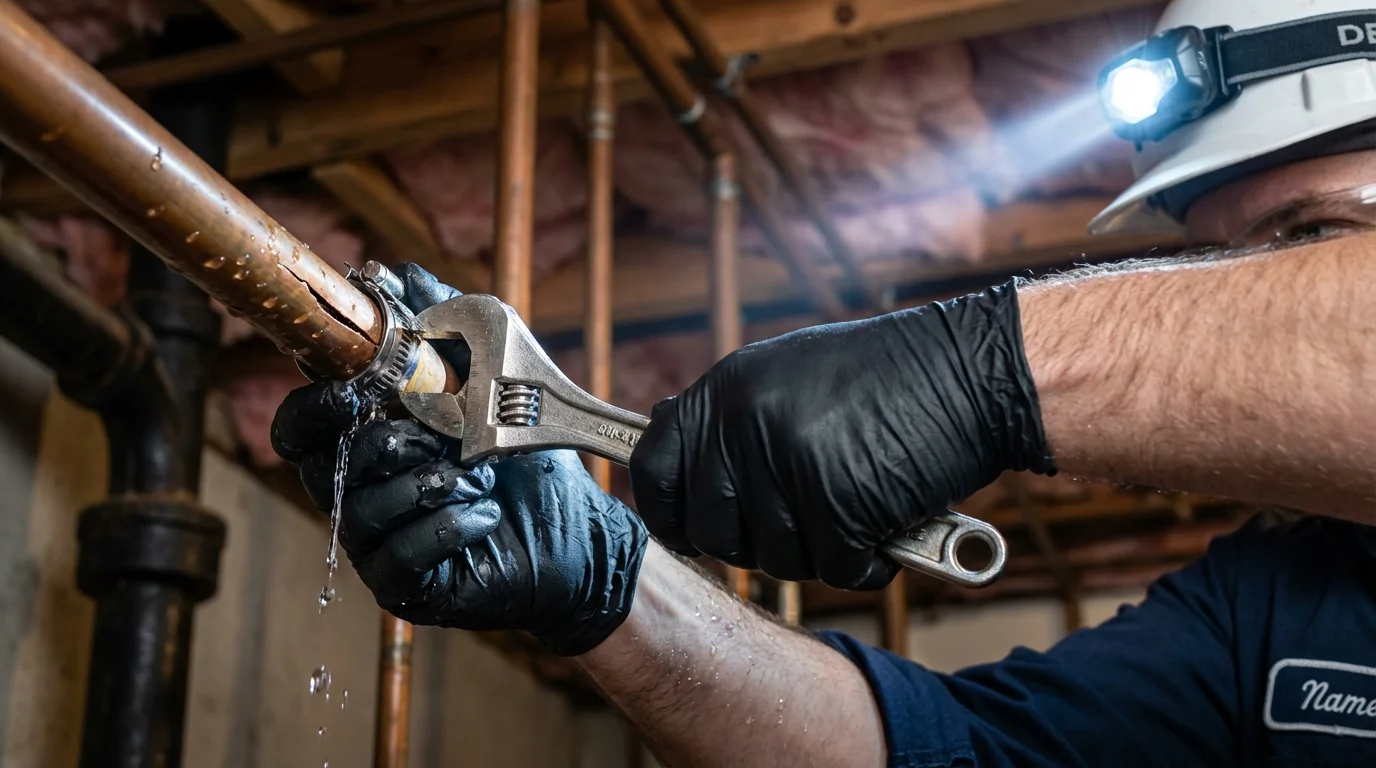 Emergency pipe clamp repair being performed by a Johns Plumbing LLC plumber in Hopatcong