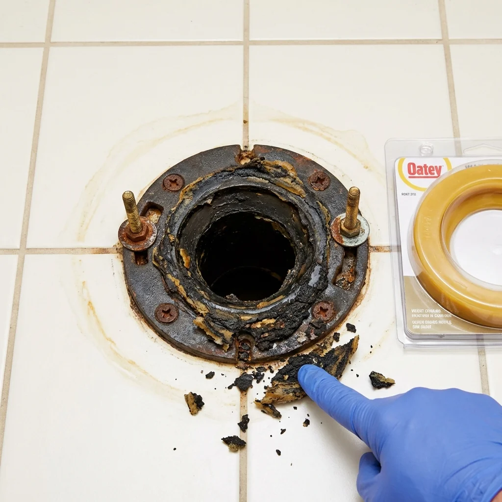 Failed wax ring showing water seepage at the base of a toilet in a Hopatcong, NJ home