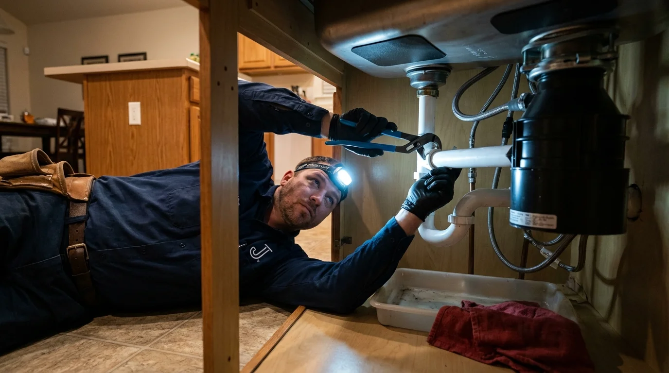 P-trap and supply line connections under a kitchen sink showing a common leak point in Hopatcong, NJ